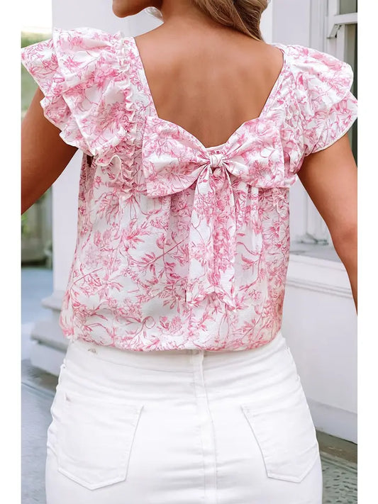 Floral Ruffled Short Sleeve Square Neck Bow Back Blouse