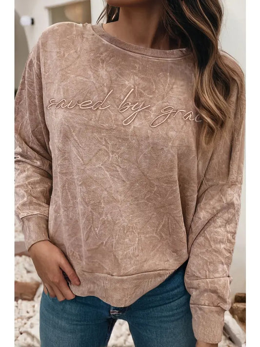 Saved by Grace Letter Embroidery Mineral Wash Sweatshirt