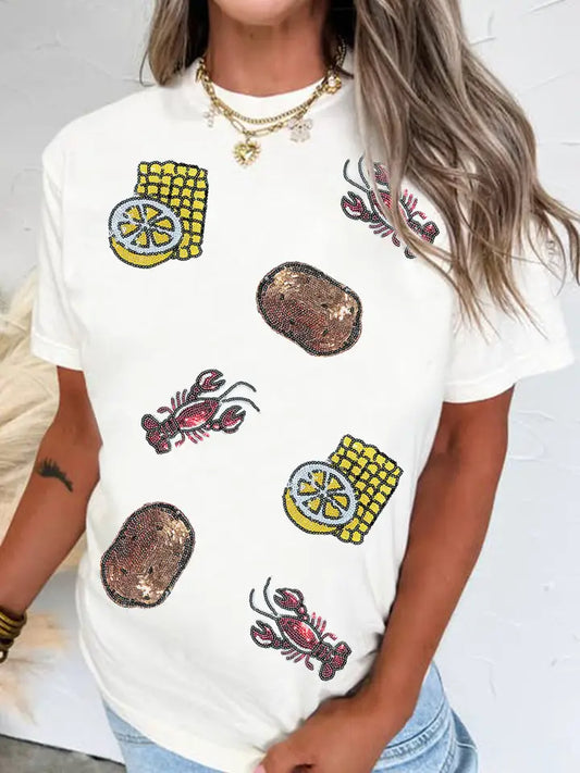 Sequin Crawfish Boil Crewneck T Shirt-White