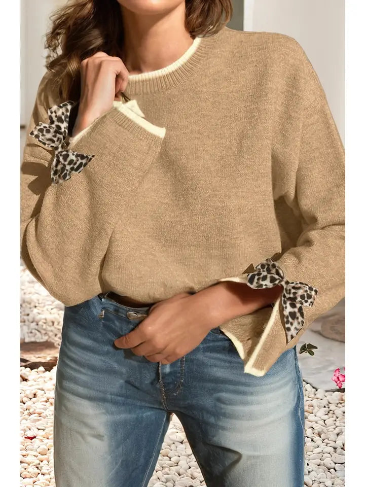Leopard Bow Decor Split Cuff Contrast Trim Sweater