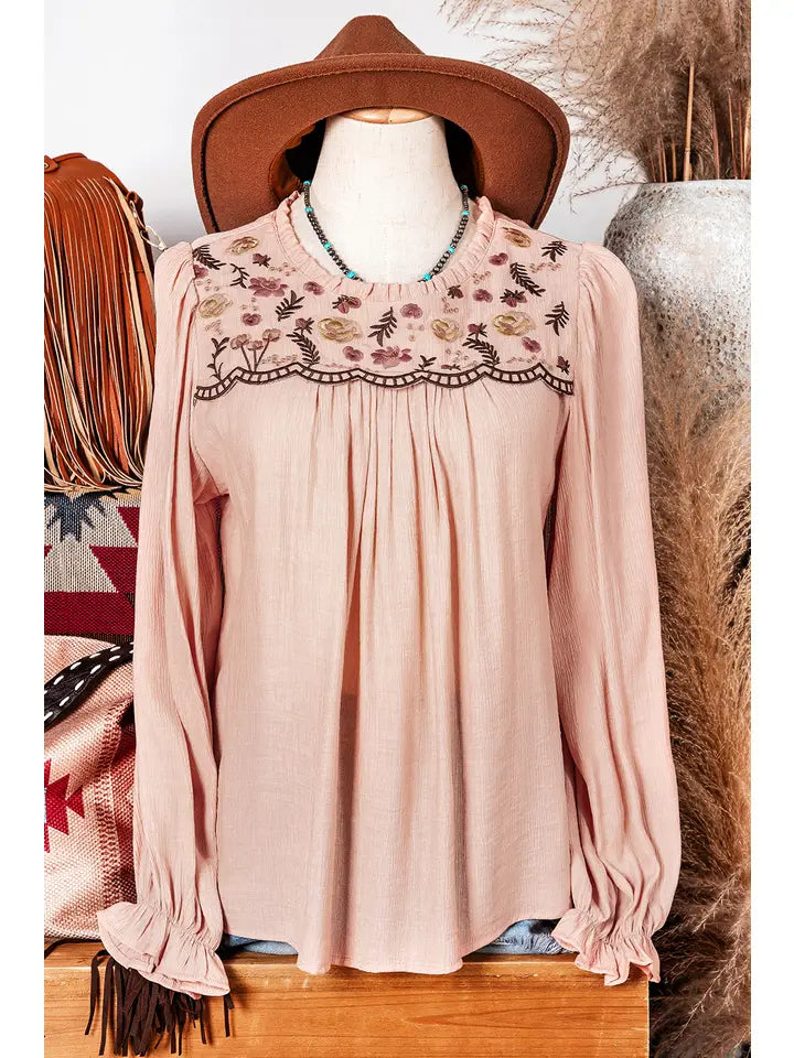 Floral Embroidered Textured Flounce Sleeve Elegant Blouse