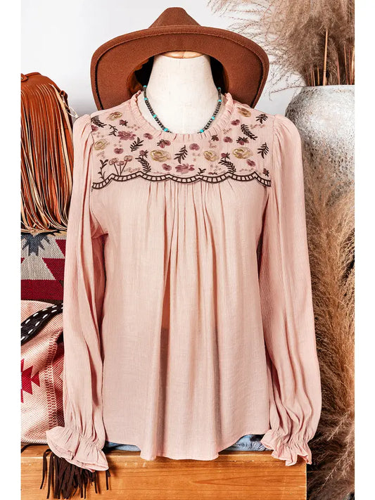 Floral Embroidered Textured Flounce Sleeve Elegant Blouse