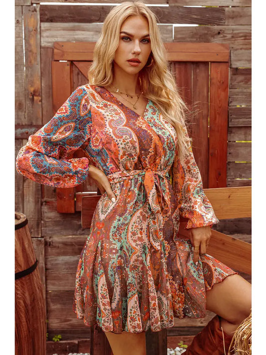 Fall Boho Paisley Long Sleeve Pleated Belted Mini Dress
