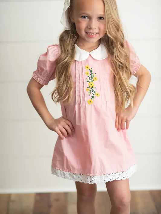 Pink Embroidered Lace Collar Summer Dress