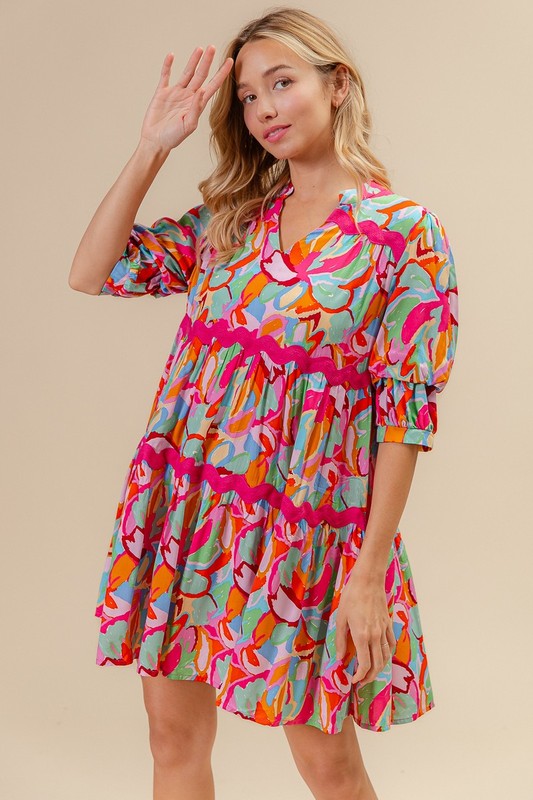 Woven Printed Tiered Dress With Wavy Trim