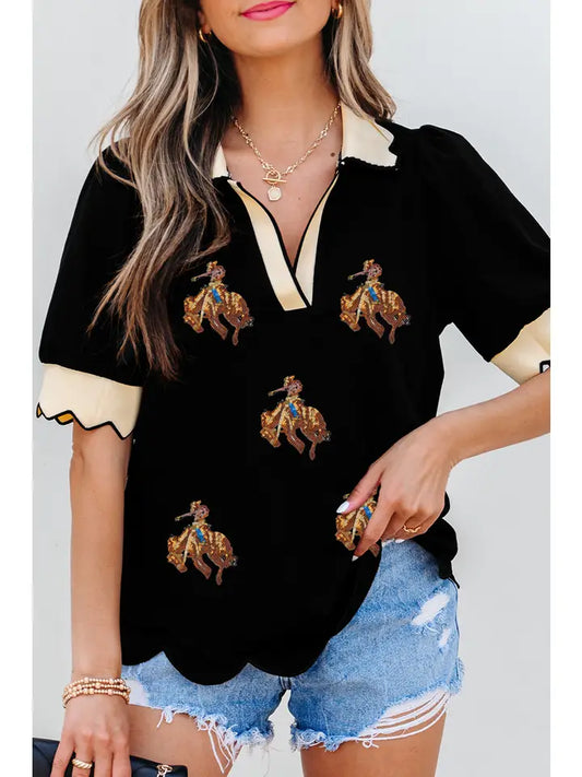 V Neck Sequin Western Blouse