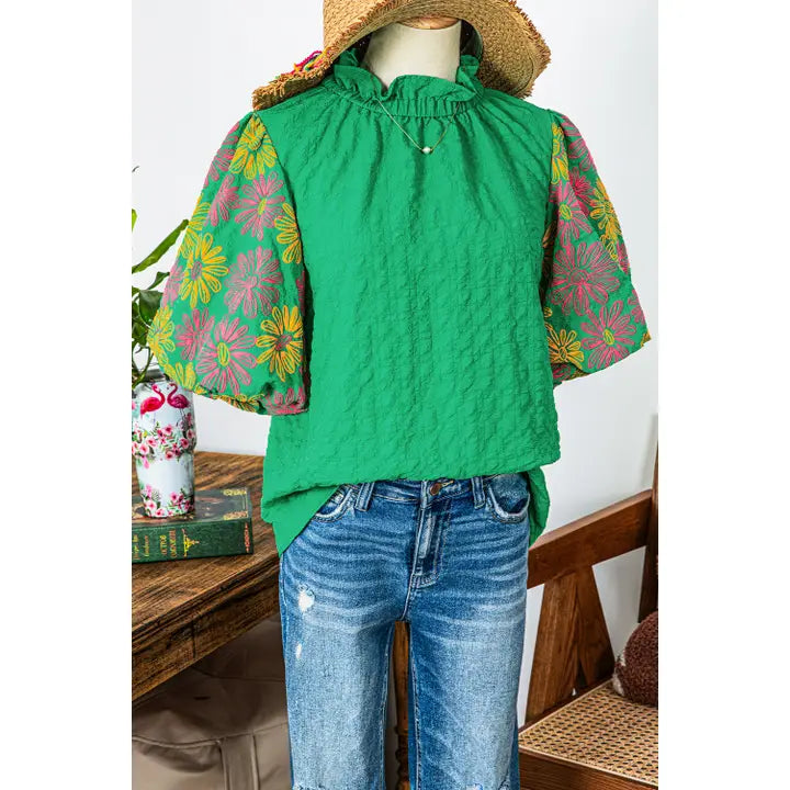 Floral Puff Sleeve Ruffle Collar Button Back Top Blouse