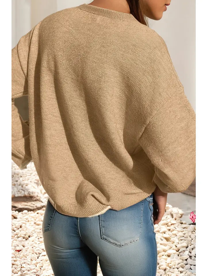 Leopard Bow Decor Split Cuff Contrast Trim Sweater