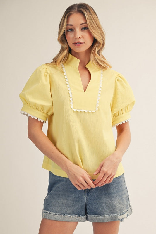 Scallop Trim Accent Solid Crinkle Top