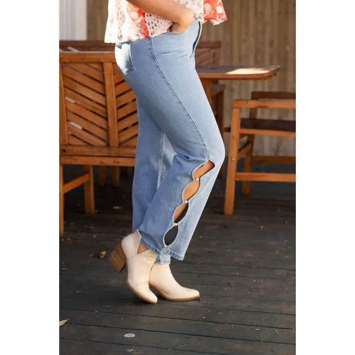 The Eli Light Wash Straight Leg Jean with Scalloped