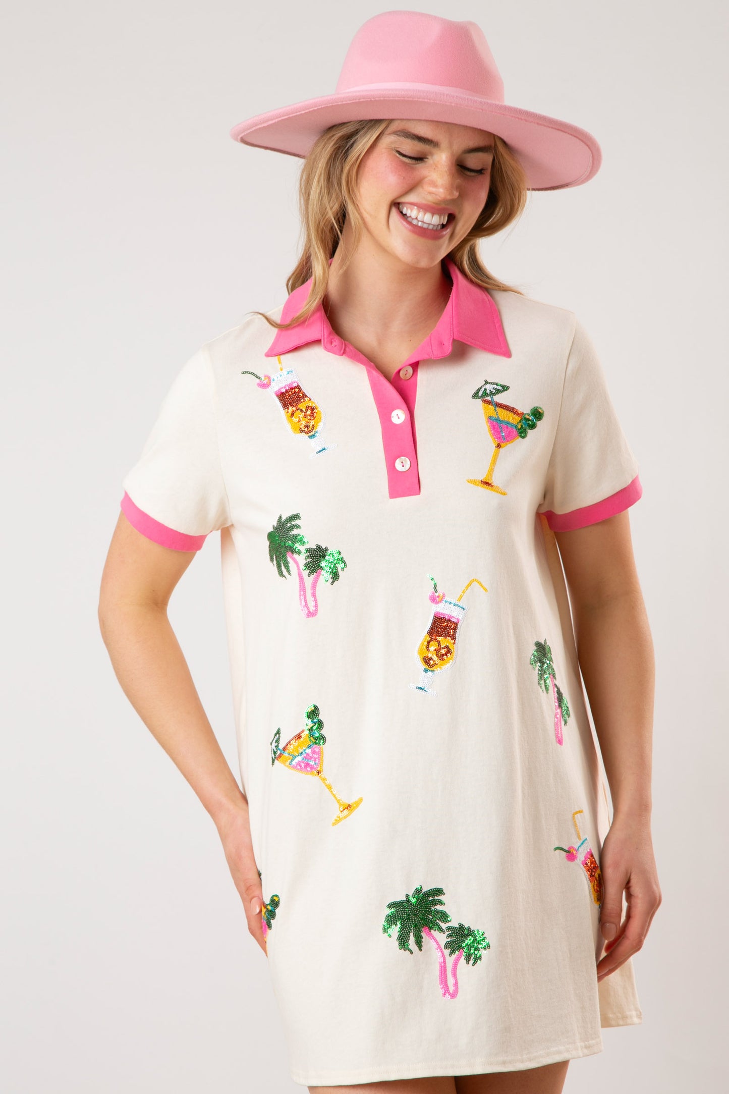 Cocktail & Palm Tree Sequins Color Block Dress