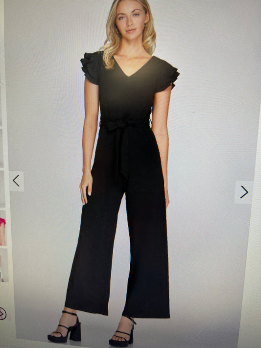 LOUISE LAYERED PLEATED SLEEVE HEAVY KNIT V NECK JUMPSUIT WITH WAIST SASH